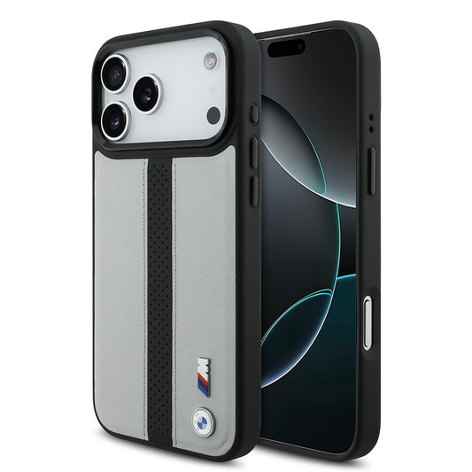 iPhone 17 Pro Max Kılıf BMW Orjinal Lisanslı M-safe Şarj Özellikli Deri Arka Yüzey Metal Logolu Delikli Şerit Tasarımlı Kapak
