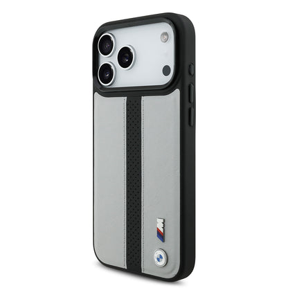 iPhone 17 Pro Max Kılıf BMW Orjinal Lisanslı M-safe Şarj Özellikli Deri Arka Yüzey Metal Logolu Delikli Şerit Tasarımlı Kapak