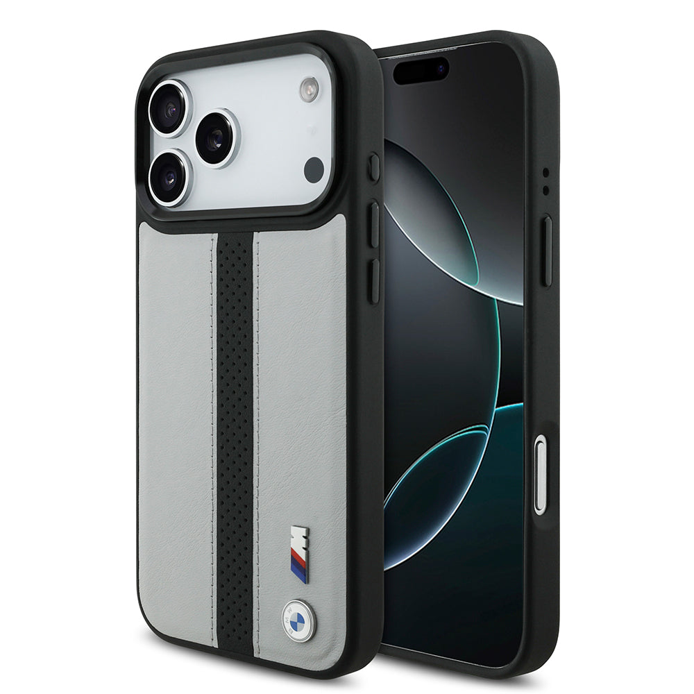 iPhone 17 Pro Max Kılıf BMW Orjinal Lisanslı M-safe Şarj Özellikli Deri Arka Yüzey Metal Logolu Delikli Şerit Tasarımlı Kapak