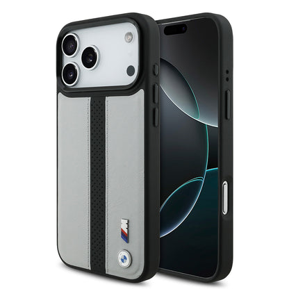 iPhone 17 Pro Max Kılıf BMW Orjinal Lisanslı M-safe Şarj Özellikli Deri Arka Yüzey Metal Logolu Delikli Şerit Tasarımlı Kapak