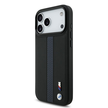 iPhone 17 Pro Max Kılıf BMW Orjinal Lisanslı M-safe Şarj Özellikli Deri Arka Yüzey Metal Logolu Delikli Şerit Tasarımlı Kapak