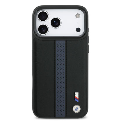 iPhone 17 Pro Max Kılıf BMW Orjinal Lisanslı M-safe Şarj Özellikli Deri Arka Yüzey Metal Logolu Delikli Şerit Tasarımlı Kapak