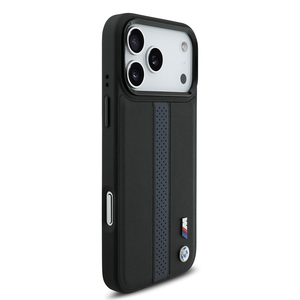 iPhone 17 Pro Max Kılıf BMW Orjinal Lisanslı M-safe Şarj Özellikli Deri Arka Yüzey Metal Logolu Delikli Şerit Tasarımlı Kapak