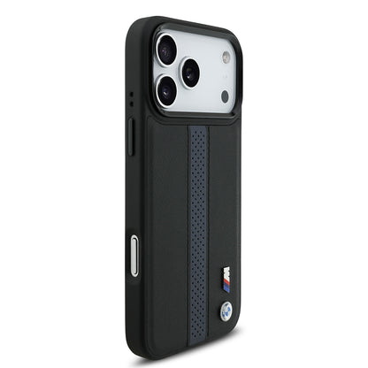 iPhone 17 Pro Max Kılıf BMW Orjinal Lisanslı M-safe Şarj Özellikli Deri Arka Yüzey Metal Logolu Delikli Şerit Tasarımlı Kapak
