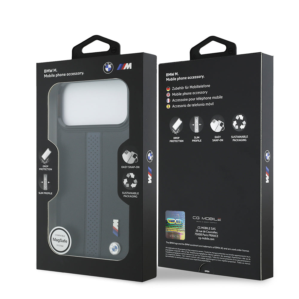iPhone 17 Pro Max Kılıf BMW Orjinal Lisanslı M-safe Şarj Özellikli Deri Arka Yüzey Metal Logolu Delikli Şerit Tasarımlı Kapak