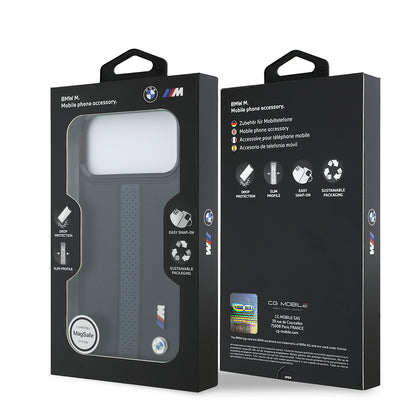 iPhone 17 Pro Max Kılıf BMW Orjinal Lisanslı M-safe Şarj Özellikli Deri Arka Yüzey Metal Logolu Delikli Şerit Tasarımlı Kapak