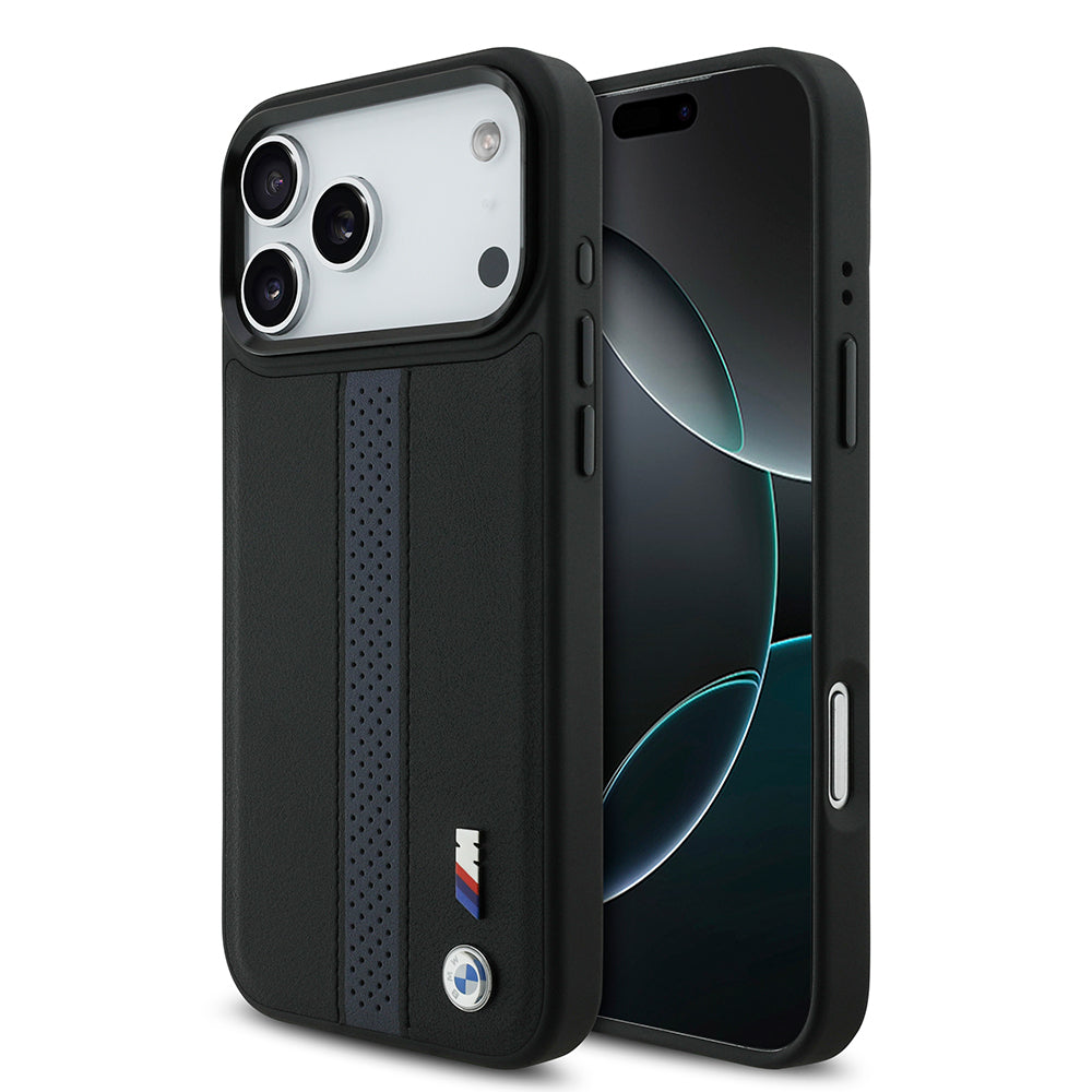 iPhone 17 Pro Max Kılıf BMW Orjinal Lisanslı M-safe Şarj Özellikli Deri Arka Yüzey Metal Logolu Delikli Şerit Tasarımlı Kapak