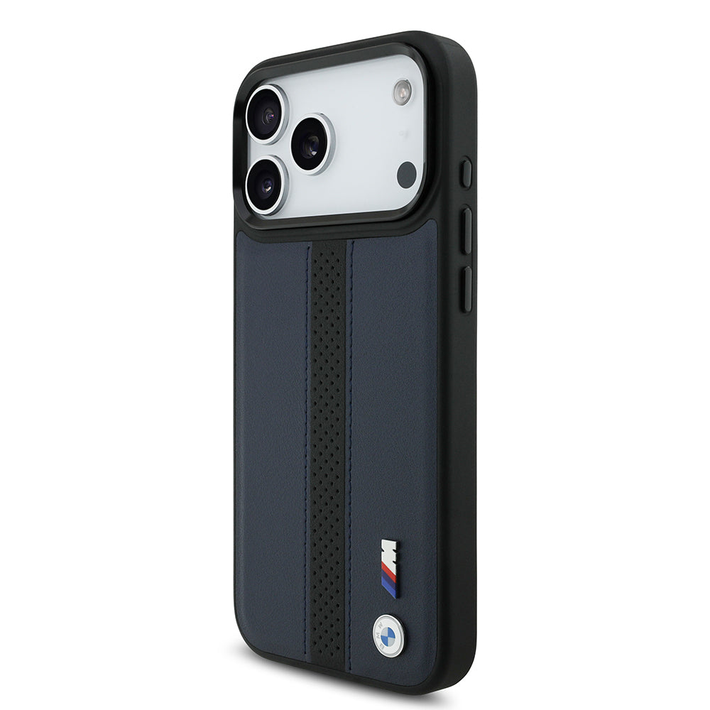 iPhone 17 Pro Max Kılıf BMW Orjinal Lisanslı M-safe Şarj Özellikli Deri Arka Yüzey Metal Logolu Delikli Şerit Tasarımlı Kapak