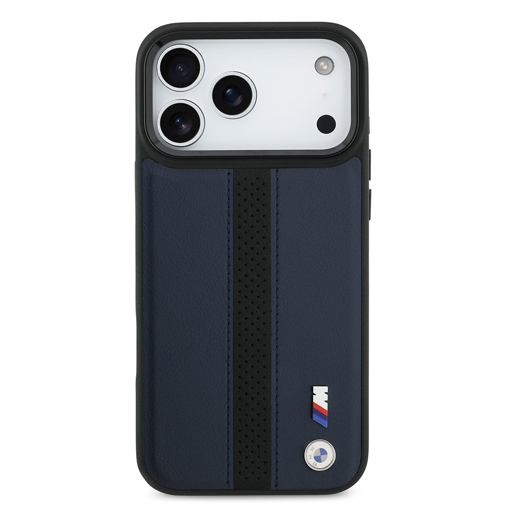 iPhone 17 Pro Max Kılıf BMW Orjinal Lisanslı M-safe Şarj Özellikli Deri Arka Yüzey Metal Logolu Delikli Şerit Tasarımlı Kapak