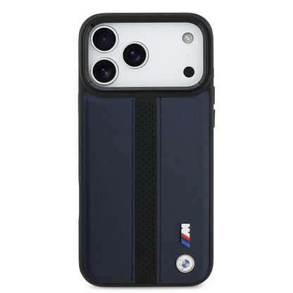 iPhone 17 Pro Max Kılıf BMW Orjinal Lisanslı M-safe Şarj Özellikli Deri Arka Yüzey Metal Logolu Delikli Şerit Tasarımlı Kapak
