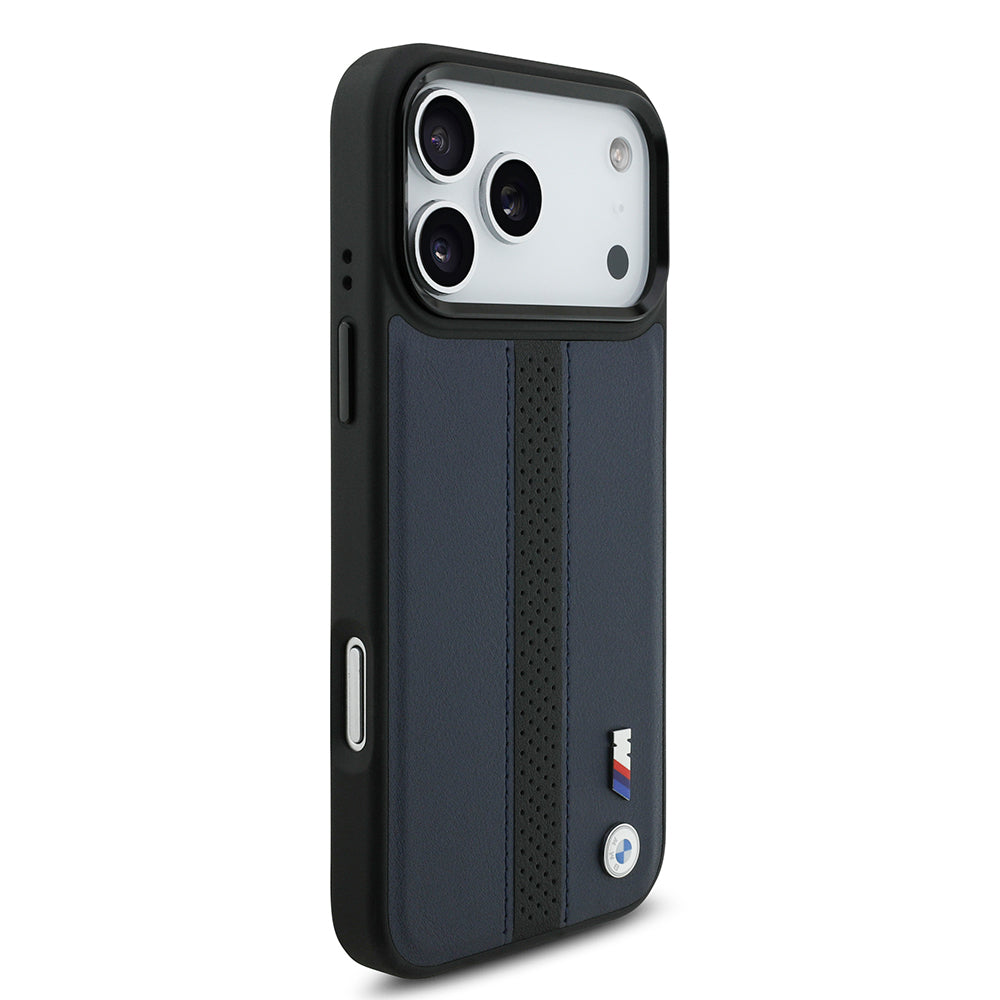 iPhone 17 Pro Max Kılıf BMW Orjinal Lisanslı M-safe Şarj Özellikli Deri Arka Yüzey Metal Logolu Delikli Şerit Tasarımlı Kapak