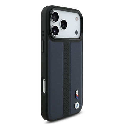 iPhone 17 Pro Max Kılıf BMW Orjinal Lisanslı M-safe Şarj Özellikli Deri Arka Yüzey Metal Logolu Delikli Şerit Tasarımlı Kapak