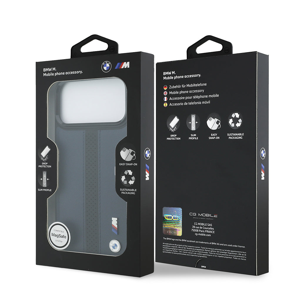 iPhone 17 Pro Max Kılıf BMW Orjinal Lisanslı M-safe Şarj Özellikli Deri Arka Yüzey Metal Logolu Delikli Şerit Tasarımlı Kapak
