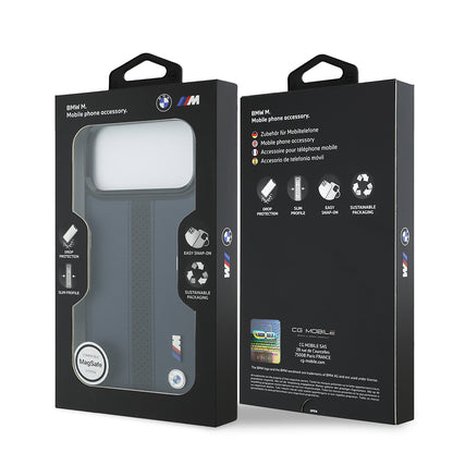 iPhone 17 Pro Max Kılıf BMW Orjinal Lisanslı M-safe Şarj Özellikli Deri Arka Yüzey Metal Logolu Delikli Şerit Tasarımlı Kapak