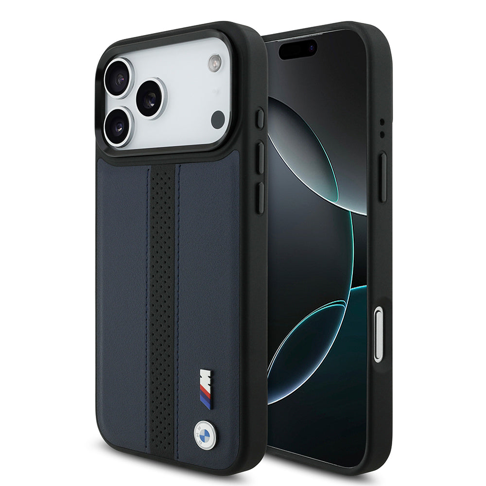 iPhone 17 Pro Max Kılıf BMW Orjinal Lisanslı M-safe Şarj Özellikli Deri Arka Yüzey Metal Logolu Delikli Şerit Tasarımlı Kapak
