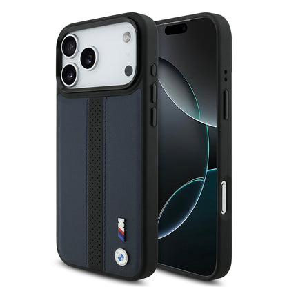iPhone 17 Pro Max Kılıf BMW Orjinal Lisanslı M-safe Şarj Özellikli Deri Arka Yüzey Metal Logolu Delikli Şerit Tasarımlı Kapak