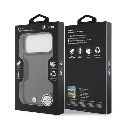 iPhone 17 Pro Max Kılıf BMW Orjinal Lisanslı M-safe Şarj Özellikli Karbon Fiber Metal Logolu Kevlar Kapak