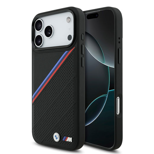 iPhone 17 Pro Max Kılıf BMW Orjinal Lisanslı M-safe Şarj Özellikli M Logolu Üç Şeritli Delikli Deri Kapak