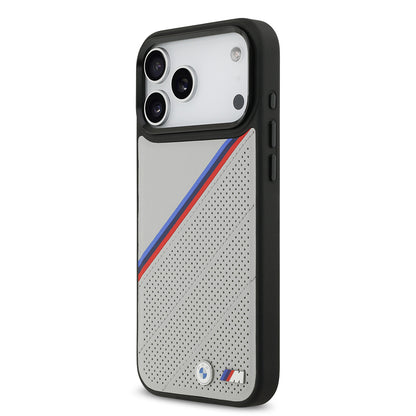 iPhone 17 Pro Max Kılıf BMW Orjinal Lisanslı M-safe Şarj Özellikli M Logolu Üç Şeritli Delikli Deri Kapak