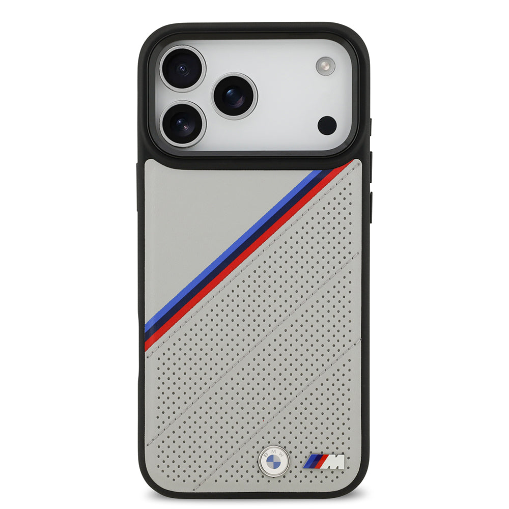 iPhone 17 Pro Max Kılıf BMW Orjinal Lisanslı M-safe Şarj Özellikli M Logolu Üç Şeritli Delikli Deri Kapak