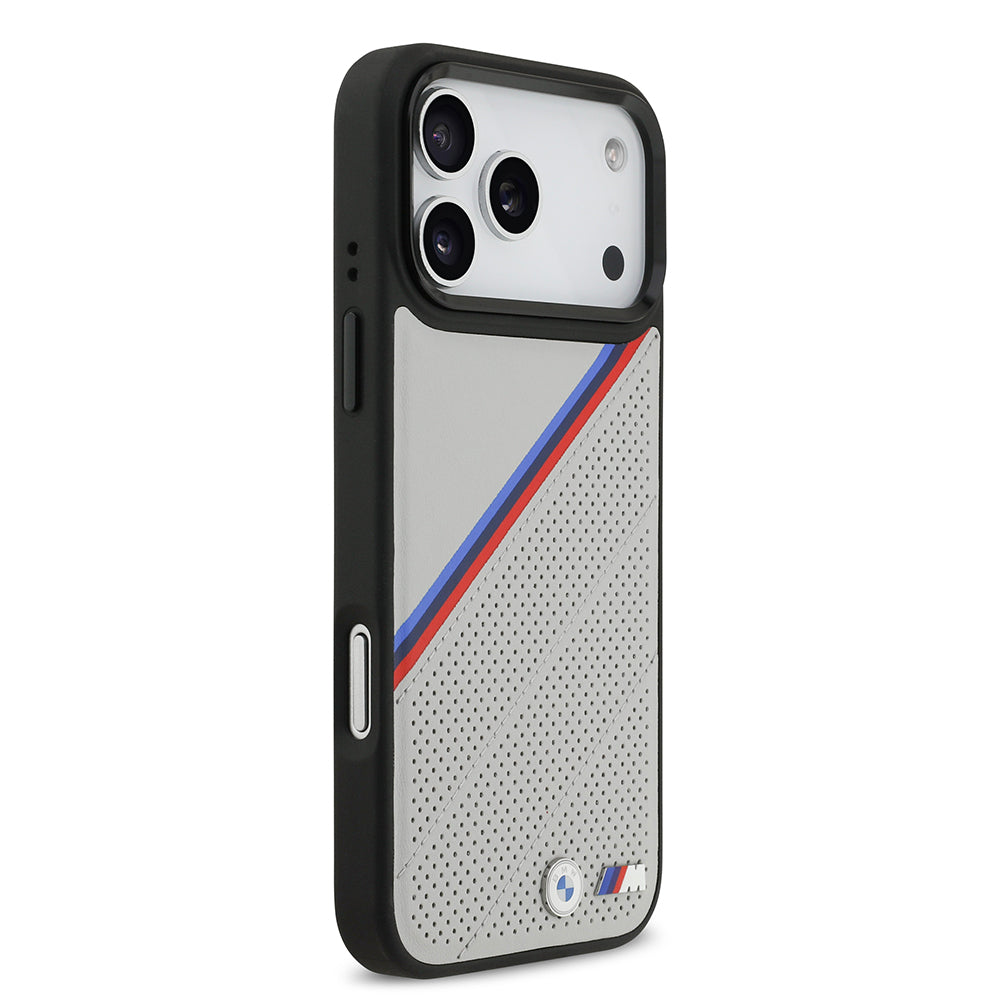 iPhone 17 Pro Max Kılıf BMW Orjinal Lisanslı M-safe Şarj Özellikli M Logolu Üç Şeritli Delikli Deri Kapak