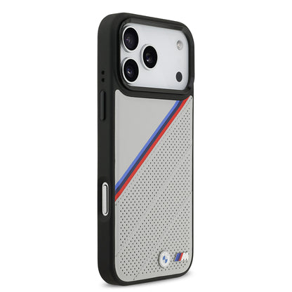 iPhone 17 Pro Max Kılıf BMW Orjinal Lisanslı M-safe Şarj Özellikli M Logolu Üç Şeritli Delikli Deri Kapak