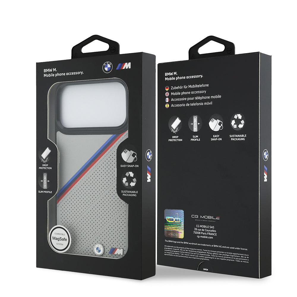 iPhone 17 Pro Max Kılıf BMW Orjinal Lisanslı M-safe Şarj Özellikli M Logolu Üç Şeritli Delikli Deri Kapak