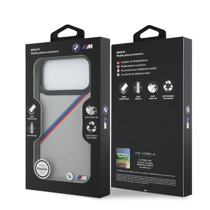 iPhone 17 Pro Max Kılıf BMW Orjinal Lisanslı M-safe Şarj Özellikli M Logolu Üç Şeritli Delikli Deri Kapak