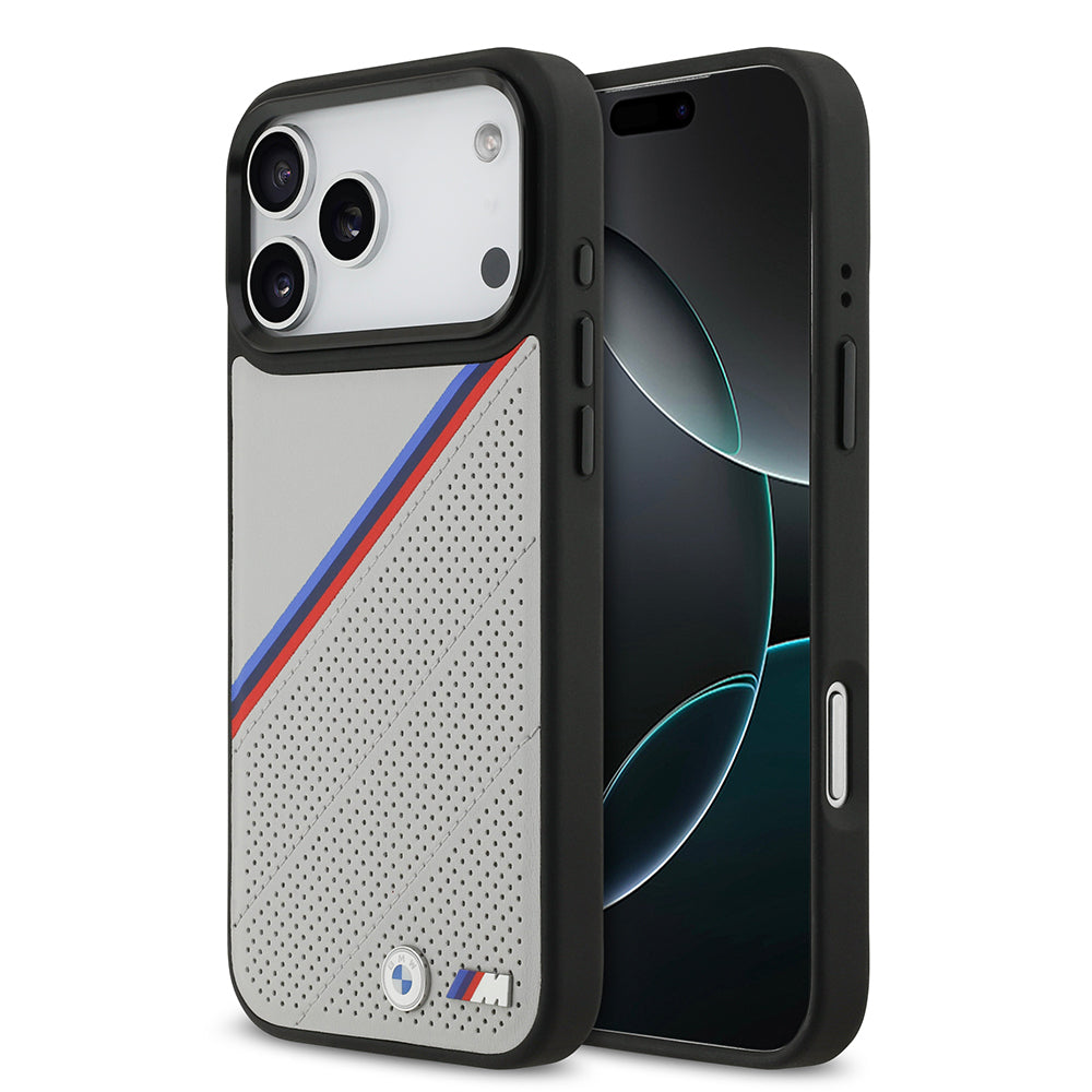 iPhone 17 Pro Max Kılıf BMW Orjinal Lisanslı M-safe Şarj Özellikli M Logolu Üç Şeritli Delikli Deri Kapak