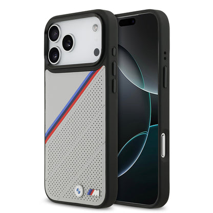 iPhone 17 Pro Max Kılıf BMW Orjinal Lisanslı M-safe Şarj Özellikli M Logolu Üç Şeritli Delikli Deri Kapak