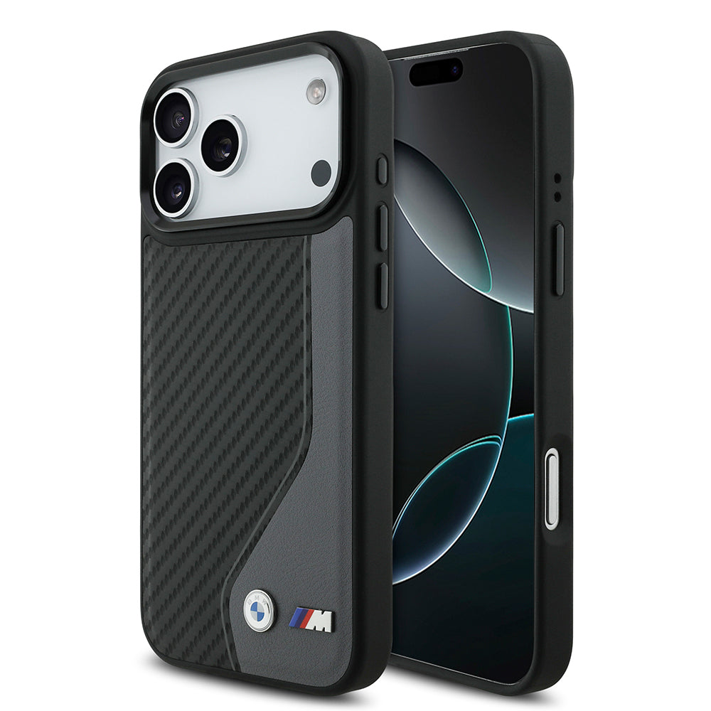 iPhone 17 Pro Max Kılıf BMW Orjinal Lisanslı M-safe Şarj Özellikli Metal BMW ve M Logolu PU Karbon Tasarımlı Kapak