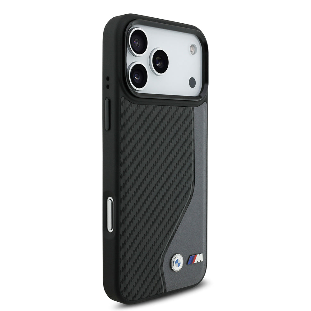 iPhone 17 Pro Max Kılıf BMW Orjinal Lisanslı M-safe Şarj Özellikli Metal BMW ve M Logolu PU Karbon Tasarımlı Kapak