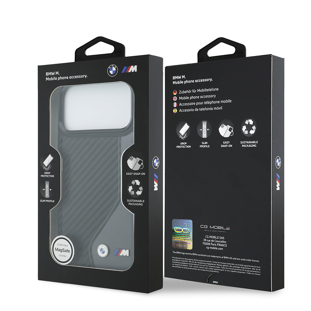 iPhone 17 Pro Max Kılıf BMW Orjinal Lisanslı M-safe Şarj Özellikli Metal BMW ve M Logolu PU Karbon Tasarımlı Kapak