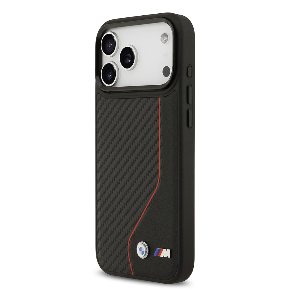 iPhone 17 Pro Max Kılıf BMW Orjinal Lisanslı M-safe Şarj Özellikli Metal BMW ve M Logolu PU Karbon Tasarımlı Kapak