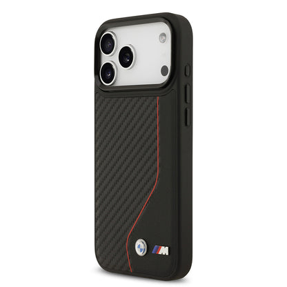iPhone 17 Pro Max Kılıf BMW Orjinal Lisanslı M-safe Şarj Özellikli Metal BMW ve M Logolu PU Karbon Tasarımlı Kapak