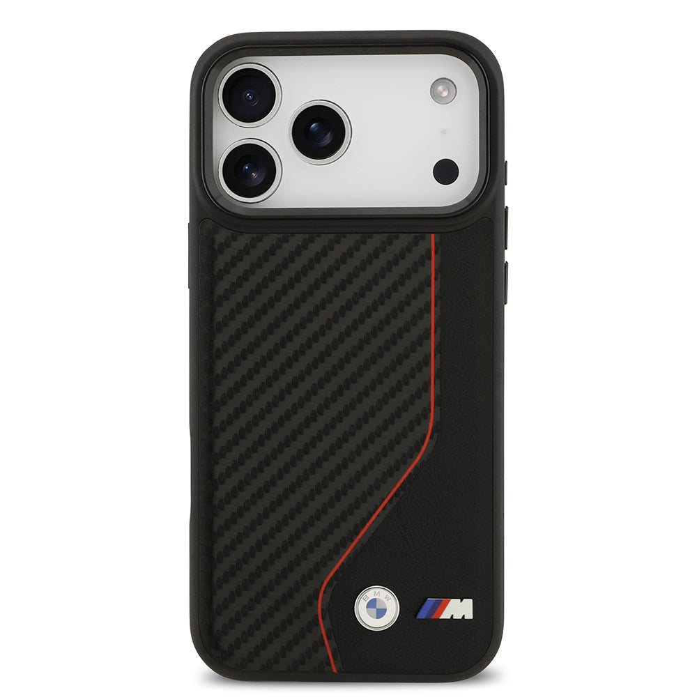iPhone 17 Pro Max Kılıf BMW Orjinal Lisanslı M-safe Şarj Özellikli Metal BMW ve M Logolu PU Karbon Tasarımlı Kapak