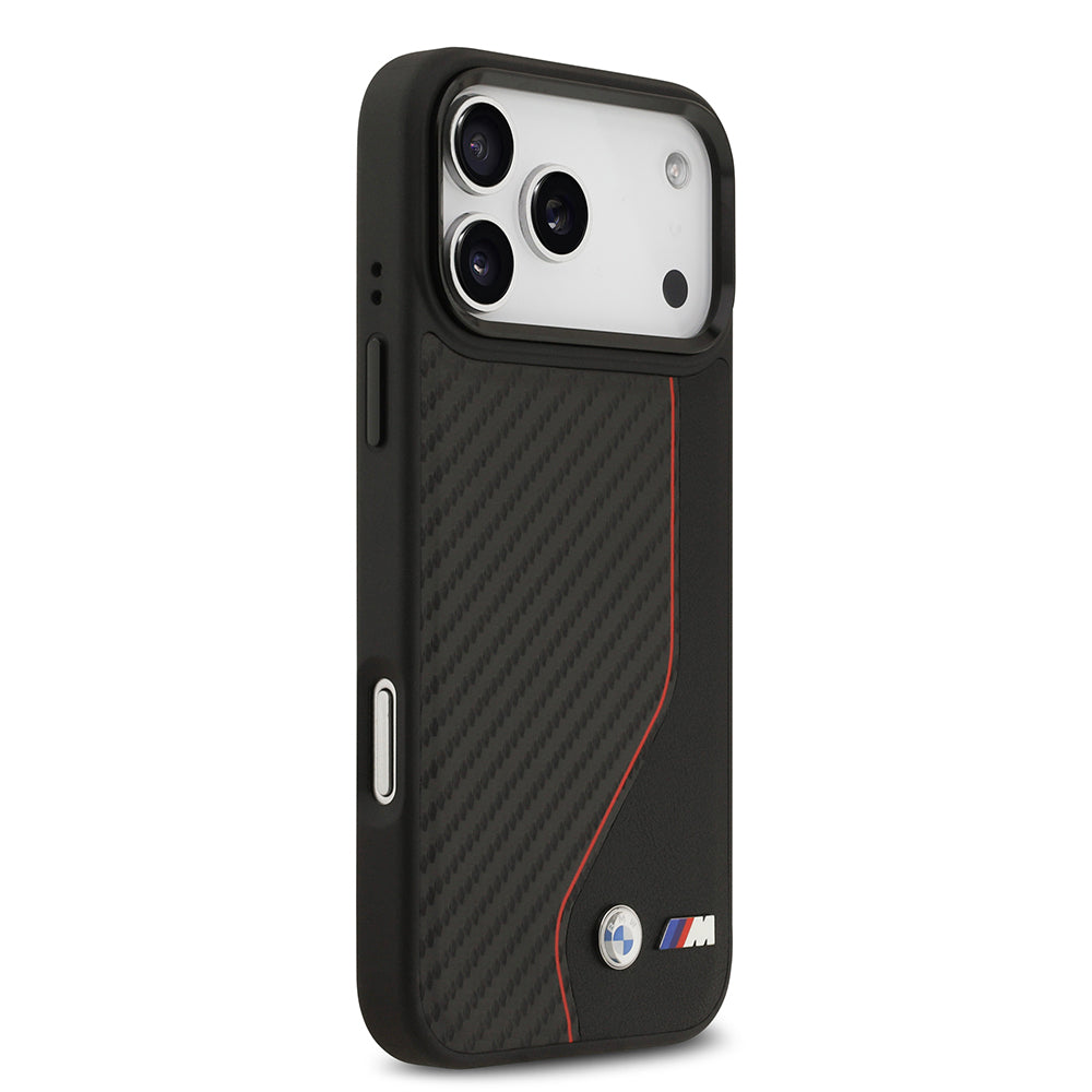 iPhone 17 Pro Max Kılıf BMW Orjinal Lisanslı M-safe Şarj Özellikli Metal BMW ve M Logolu PU Karbon Tasarımlı Kapak