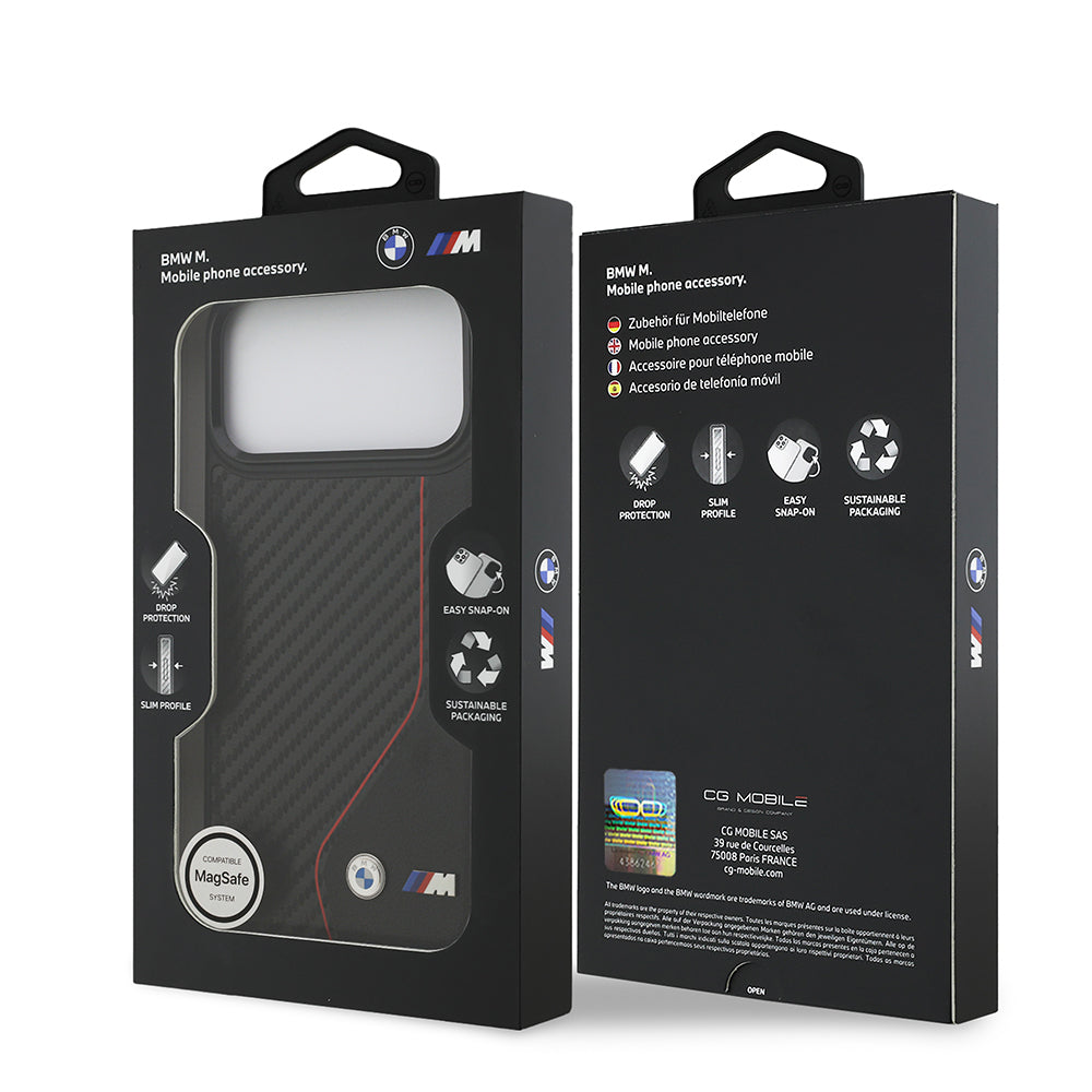 iPhone 17 Pro Max Kılıf BMW Orjinal Lisanslı M-safe Şarj Özellikli Metal BMW ve M Logolu PU Karbon Tasarımlı Kapak
