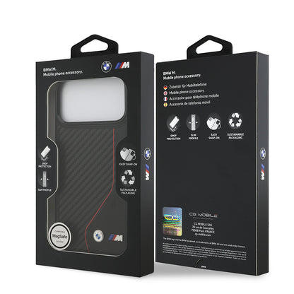 iPhone 17 Pro Max Kılıf BMW Orjinal Lisanslı M-safe Şarj Özellikli Metal BMW ve M Logolu PU Karbon Tasarımlı Kapak