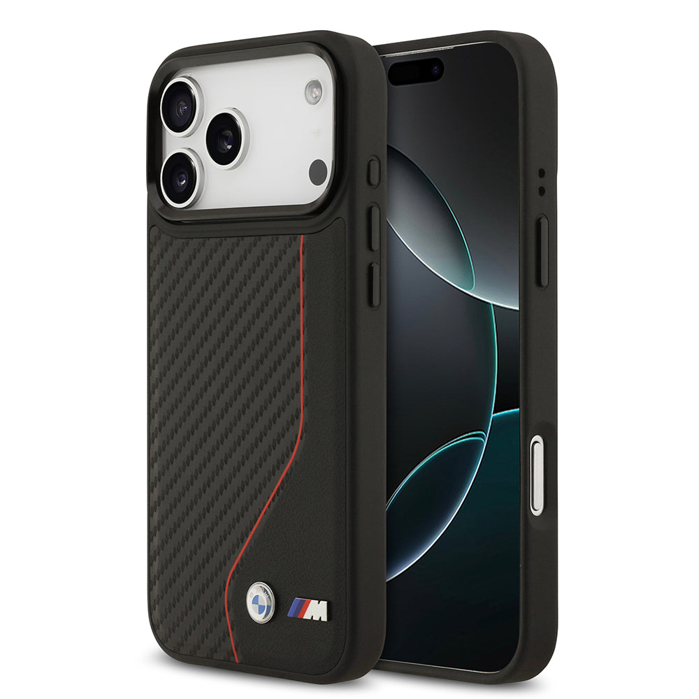 iPhone 17 Pro Max Kılıf BMW Orjinal Lisanslı M-safe Şarj Özellikli Metal BMW ve M Logolu PU Karbon Tasarımlı Kapak