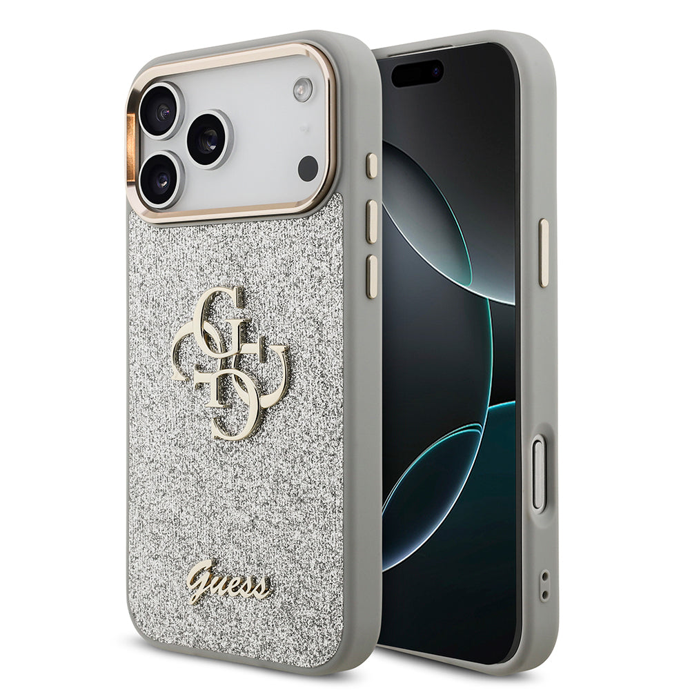iPhone 17 Pro Max Kılıf Guess Orjinal Lisanslı 4G Büyük Metal Kamera Çerçeveli ve Logolu Glitter Kapak