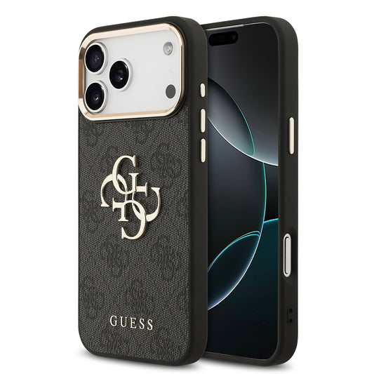 iPhone 17 Pro Max Kılıf Guess Orjinal Lisanslı Gold Metal Kamera Çerçeveli 4G Desenli Metal Büyük 4G ve Yazı Logolu Kapak