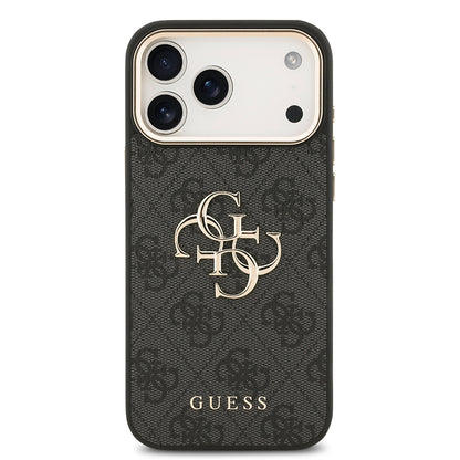 iPhone 17 Pro Max Kılıf Guess Orjinal Lisanslı Gold Metal Kamera Çerçeveli 4G Desenli Metal Büyük 4G ve Yazı Logolu Kapak