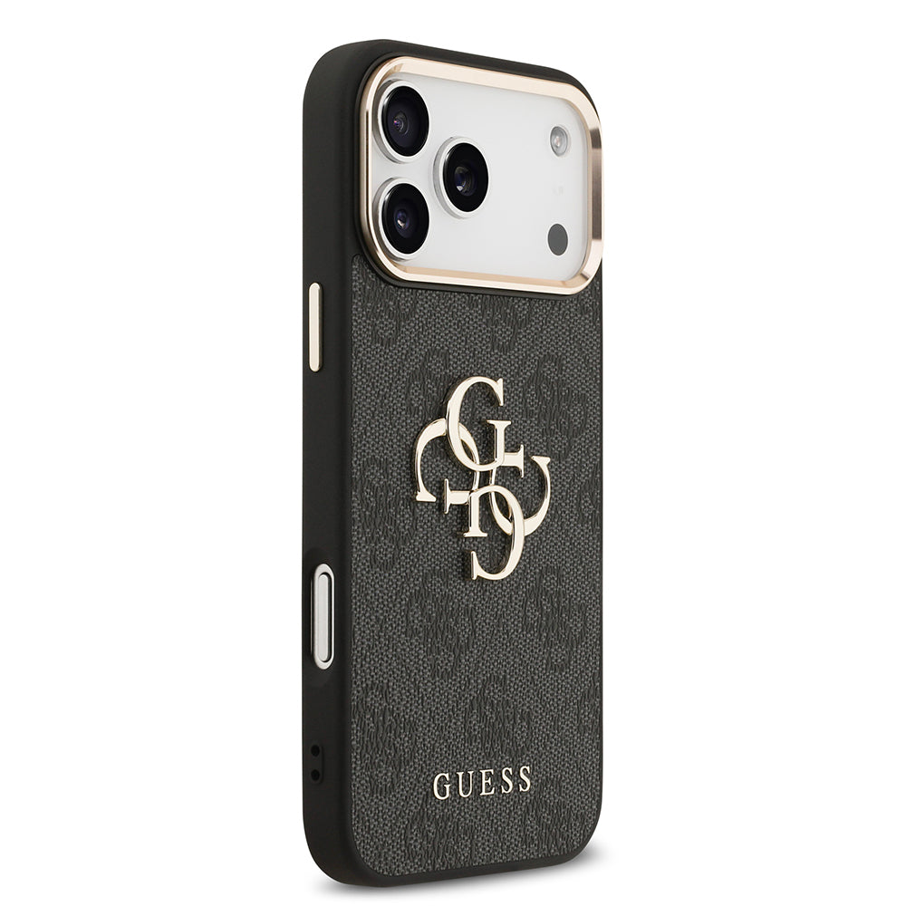 iPhone 17 Pro Max Kılıf Guess Orjinal Lisanslı Gold Metal Kamera Çerçeveli 4G Desenli Metal Büyük 4G ve Yazı Logolu Kapak
