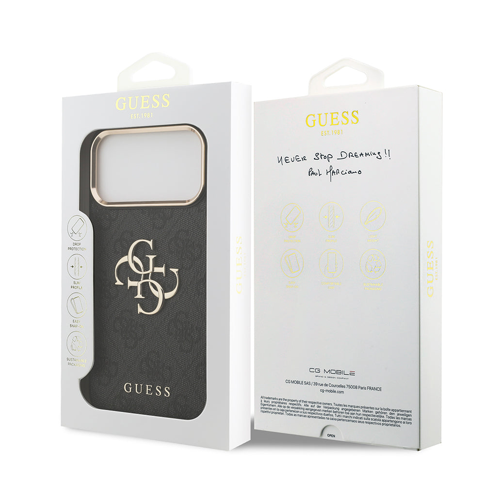 iPhone 17 Pro Max Kılıf Guess Orjinal Lisanslı Gold Metal Kamera Çerçeveli 4G Desenli Metal Büyük 4G ve Yazı Logolu Kapak