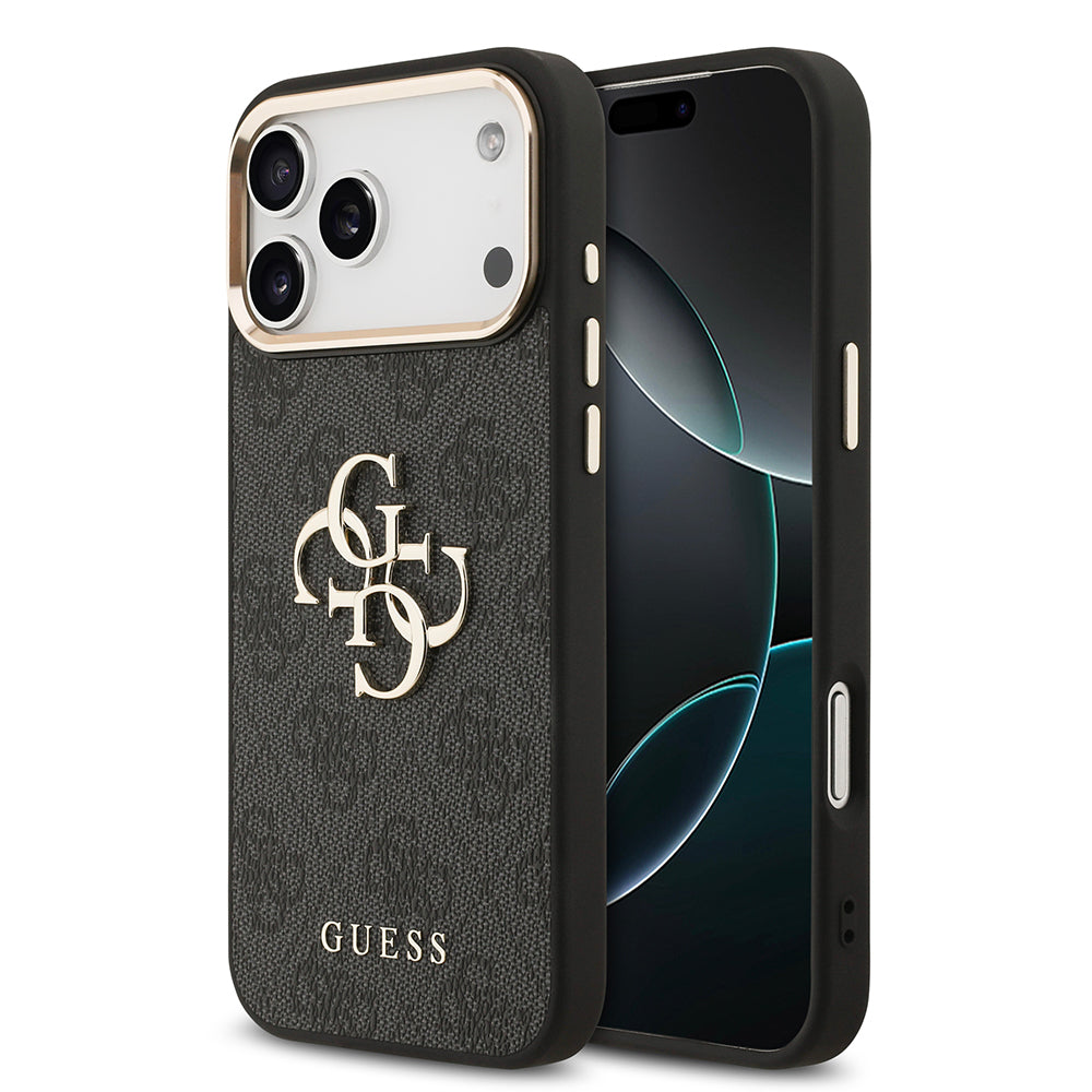 iPhone 17 Pro Max Kılıf Guess Orjinal Lisanslı Gold Metal Kamera Çerçeveli 4G Desenli Metal Büyük 4G ve Yazı Logolu Kapak