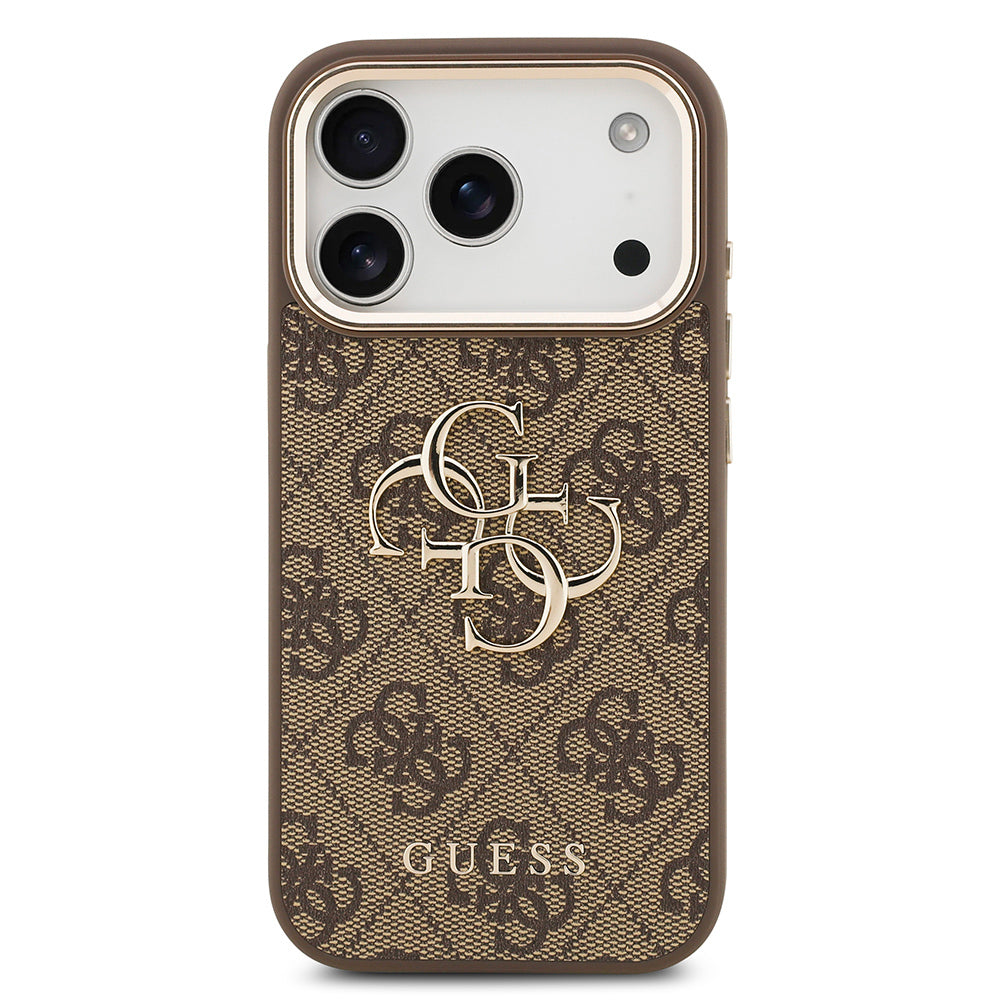 iPhone 17 Pro Max Kılıf Guess Orjinal Lisanslı Gold Metal Kamera Çerçeveli 4G Desenli Metal Büyük 4G ve Yazı Logolu Kapak