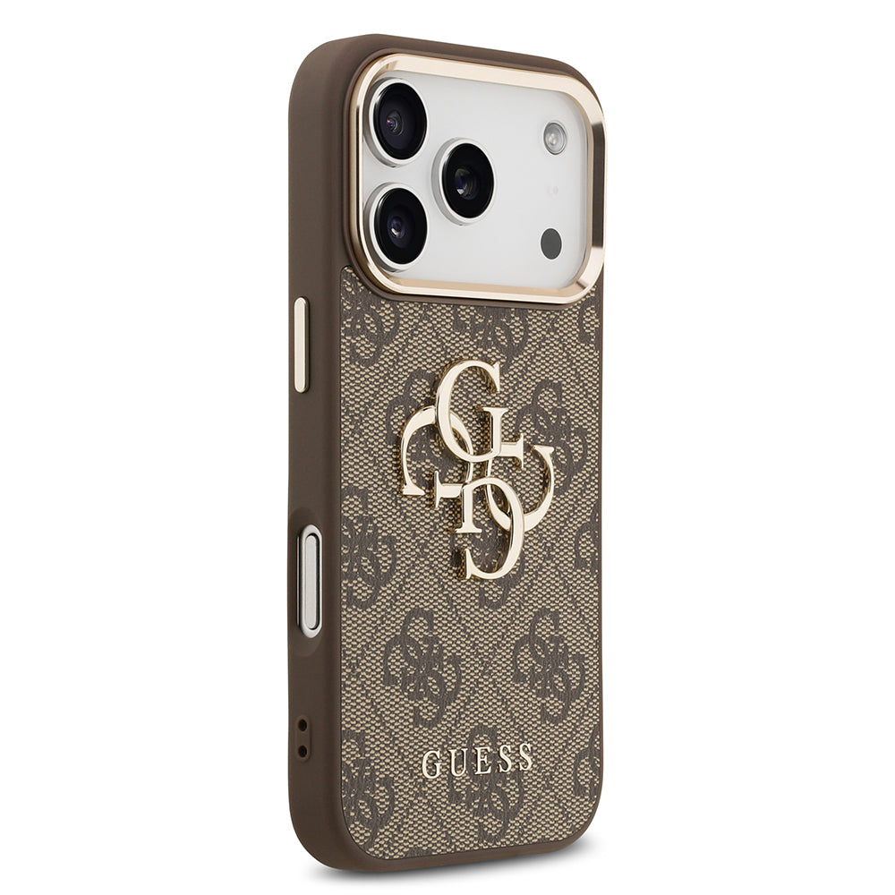 iPhone 17 Pro Max Kılıf Guess Orjinal Lisanslı Gold Metal Kamera Çerçeveli 4G Desenli Metal Büyük 4G ve Yazı Logolu Kapak