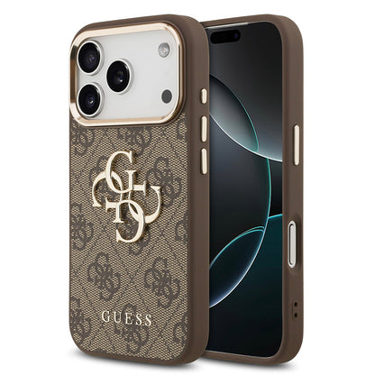 iPhone 17 Pro Max Kılıf Guess Orjinal Lisanslı Gold Metal Kamera Çerçeveli 4G Desenli Metal Büyük 4G ve Yazı Logolu Kapak