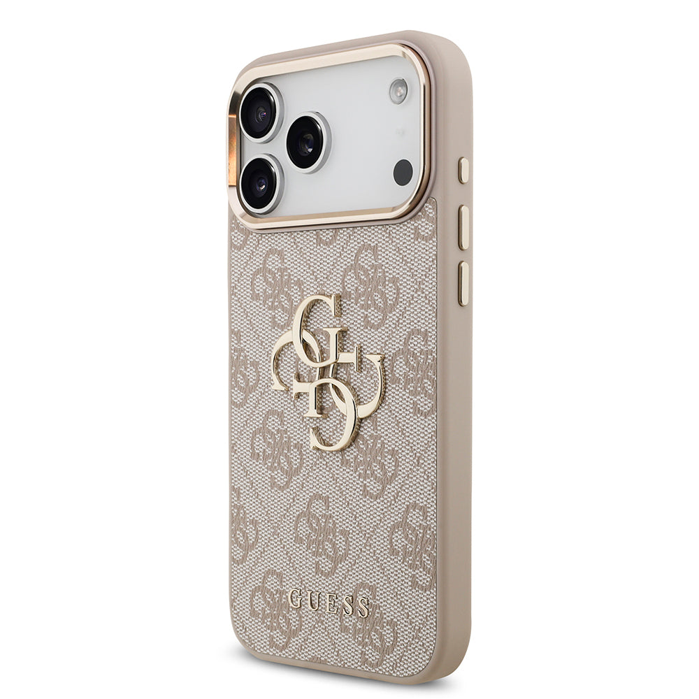 iPhone 17 Pro Max Kılıf Guess Orjinal Lisanslı Gold Metal Kamera Çerçeveli 4G Desenli Metal Büyük 4G ve Yazı Logolu Kapak